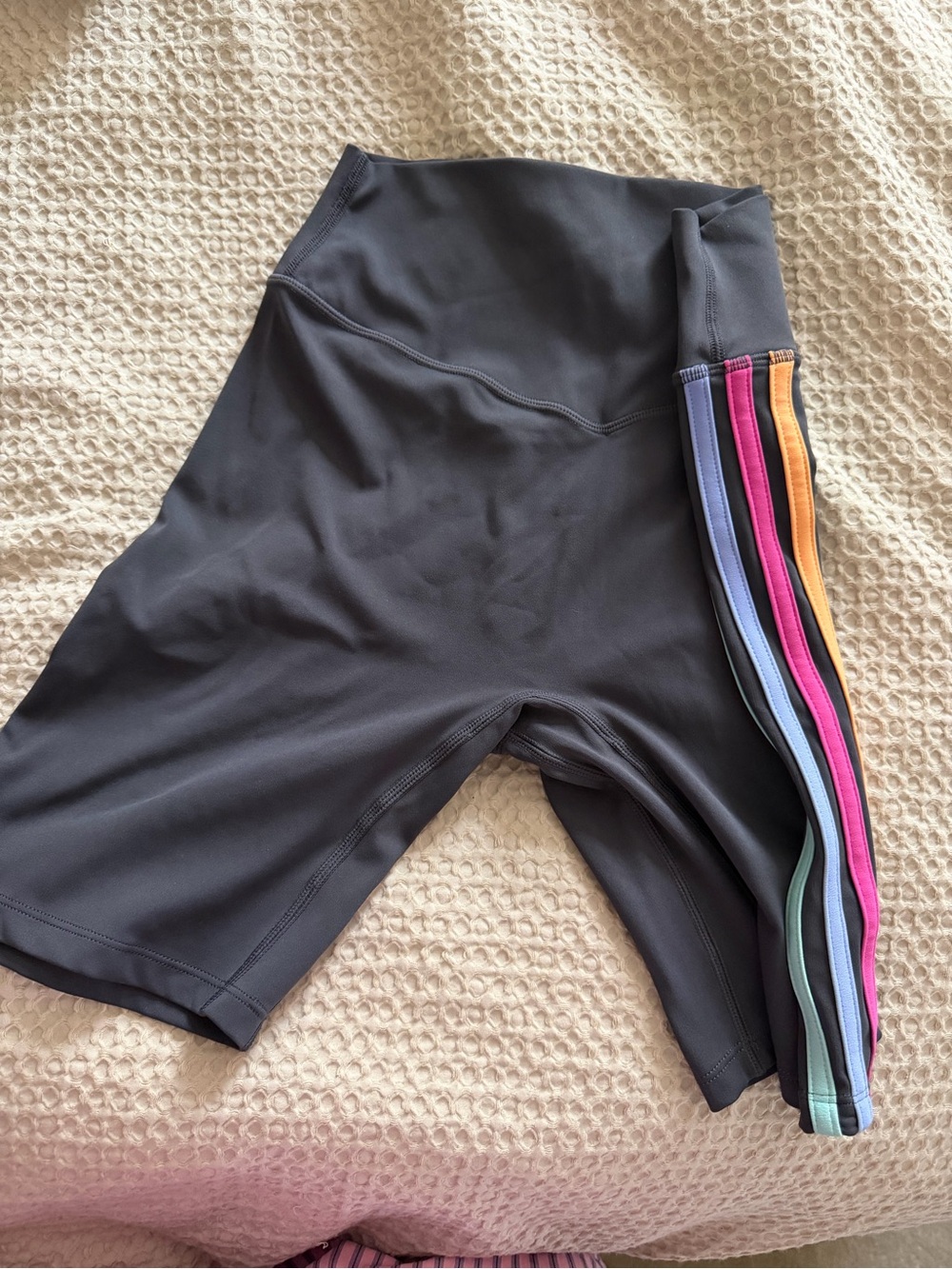 High-Waist Black Athletic Bike Shorts with Multi-Color Side Stripes